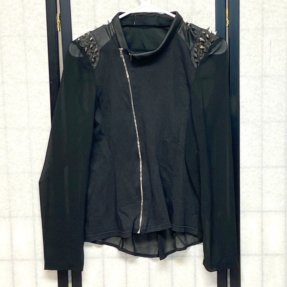 Daytrip Black M Sheer Moto Shirt Spiked Shoulder Cross Zip Front Long Sleeve Top
